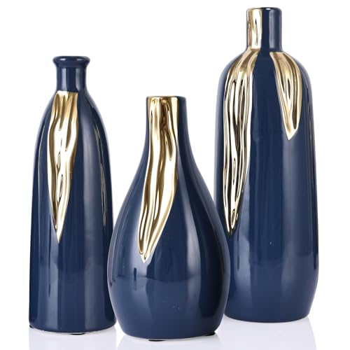 Ceramic Vase Set of 3, Blue and Gold Vases for Home Decor Farmhouse Vases, Mantels, Shelves and Entryways, Table Centerpieces, Living Rooms, Fireplaces and Kitchen Decor. - color: Blg-l
