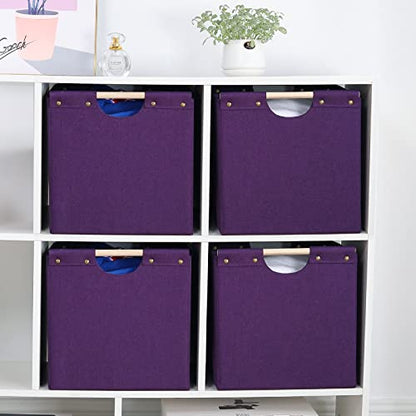 HOONEX Large Collapsible Storage Bins, Linen Fabric, Pack of 2, Storage Baskets with Wooden Carry Handles and Sturdy Heavy Cardboard, for Home, Office, Car, Nursery, Dark Purple - color: Dark Purple