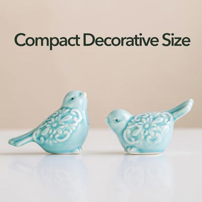 Ceramic Green Bird Figurines Set of 2, Hand-Painted Decorative Bird Statues for Shelves Cabinet Home Office Decor