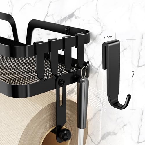 Taozun Paper Towel Holder with Shelf, Kitchen Paper Holder Spice Rack Black Paper Towel Roll Holder RV Paper Towel Rack with 4 Hooks(2 Installation Methods - Self-Adhesive and Drilling) - style: SP004 Black