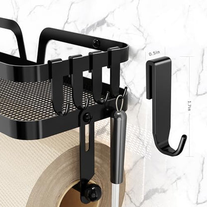 Taozun Paper Towel Holder with Shelf, Kitchen Paper Holder Spice Rack Black Paper Towel Roll Holder RV Paper Towel Rack with 4 Hooks(2 Installation Methods - Self-Adhesive and Drilling) - style: SP004 Black