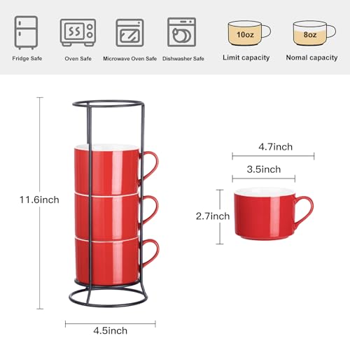 10oz Porcelain Stackable Coffee Mugs and Metal Stand Set of 4, Espresso Cups Set for Hot Drinks, Cappuccino, Tea-Red - color: Red