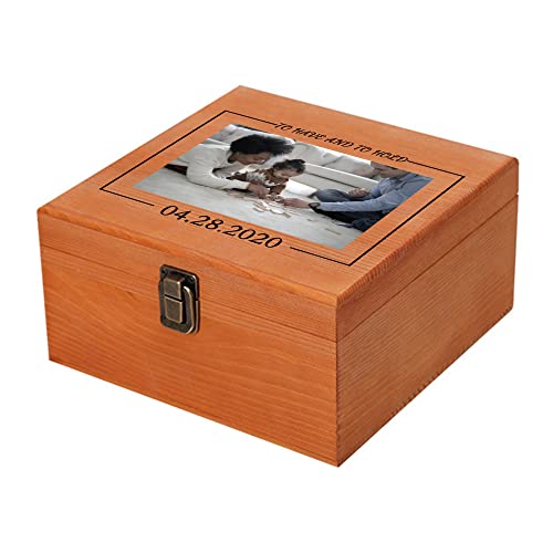 Personalized Memory Box with Photo & Text Custom Wooden Keepsake Box with Lids Wood Storage Box Customized Picture, Gifts for Wedding Anniversary Birthday Graduation Memorial Day - color: Custom 1 photo, size: 7.7" x 7.7" x 3.9" (L x W x H)