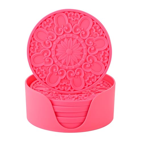 Colinda Silicone Coasters - Set of 6 with Holder, Non-Slip Cup Mats for Hot and Cold Drinks, Decorative Designs, Gift Ready Packaging,Fuschia - color: Fuschia