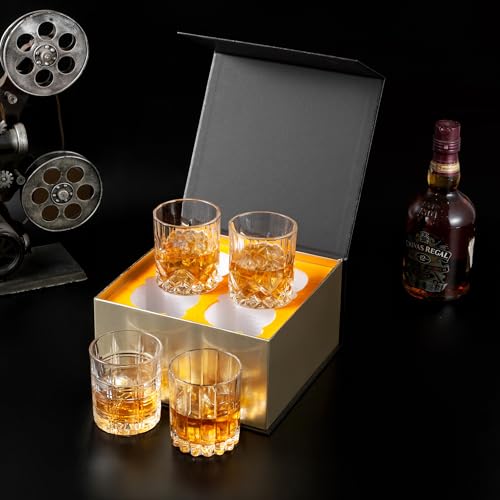 KANARS Old Fashioned Whiskey Glasses 3 Designs Bourbon Glass 10 oz Set | Ultra Clear Crystal Rocks Barware with Luxury Box for Scotch Irish Whisky Rum Cocktail Men Gift - color: Set of 4