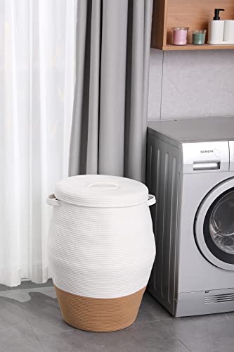 26"x20" Handcrafted Tall Cotton Rope Basket with Lid, Stylish Flagon Shape with Cover, Clothes Hamper with Top, for Bedroom and Living Room, White/Camel Bottom - color: White/Camel Bottom, size: 26"x20"