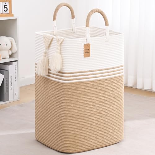 Laundry Basket Hamper,Blanket Storage,Dirty Clothes Hamper with Swivel Handles,Woven Cotton Rope Toy Baskets,Blanket Basket Living Room,Decorative Hampers for Nursery,Bedroom,White & Brown,80L - color: White & Brown, size: 80L