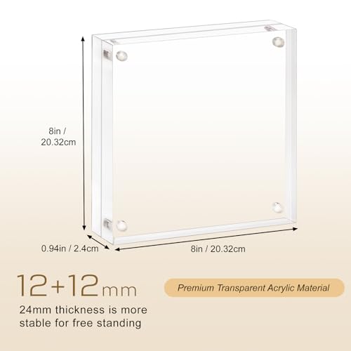 AMEITECH 8x8 Acrylic Picture Frame, Frameless Clear Photo Frames | Double Sided Floating Magnetic Frames, 24mm Thick, Free Standing Desktop Display for Postcards, Pictures and Artworks - size: 8 x 8 inch