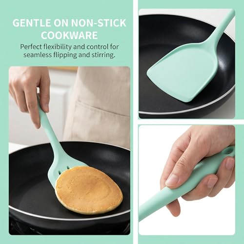 2-Pack Silicone Spatula Set, Heat Resistant Spatulas for Baking & Mixing, BPA-Free Solid & Slotted Turner for Non-Stick Pans, Kitchen Utensils for Scraping, Sauteing and Flipping (Mint Green) - color: Mint Green