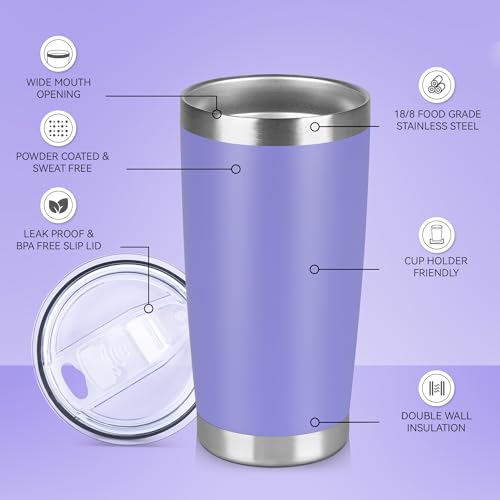 20 oz Tumbler Stainless Steel Tumblers Bulk with Lid Double Wall Insulated Coffee Tumbler Cups for Hot & Cold Drinks Powder Coated Travel Coffee Tumbler Mug Metal (Lavender, 1 pack) - color: Lavender, size: 20 Ounces