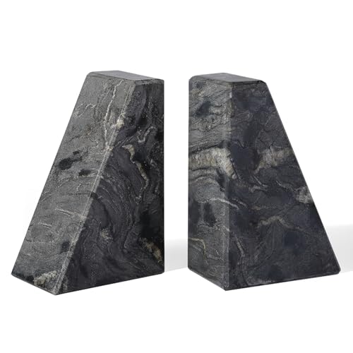 Karibiber Marble Bookends for Heavy Books, Decorative Book Ends for Shelves, Titanium Black Stone Durable and Heavy-Duty Book Ends for Hardback Books & CDS, Unique Book Stopper & Holder, Set of 2 - color: Black
