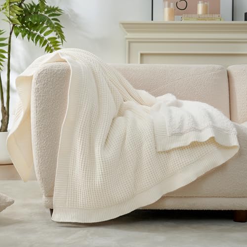 Reversible Waffle Weave Throw Blanket, Chenille Knit with Warm Sherpa, Soft Cozy Blanket for Couch, 50"x60", Ivory - color: Waffle-ivory