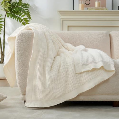 Reversible Waffle Weave Throw Blanket, Chenille Knit with Warm Sherpa, Soft Cozy Blanket for Couch, 50"x60", Ivory - color: Waffle-ivory