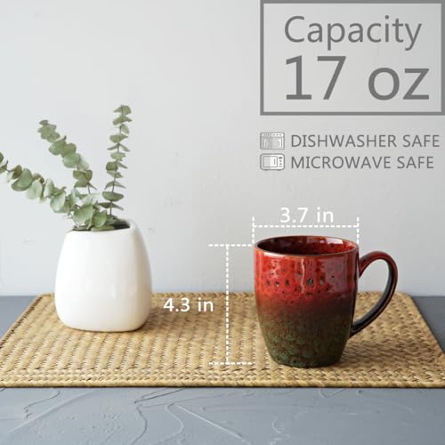 Bosmarlin Ceramic Coffee Mug Set of 4, 17 Oz, Coffee Cups with Big Handle, Microwave Safe, Unique Reactive Glaze (Red&Green) - color: Red&Green