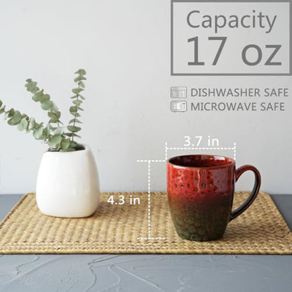 Bosmarlin Ceramic Coffee Mug Set of 4, 17 Oz, Coffee Cups with Big Handle, Microwave Safe, Unique Reactive Glaze (Red&Green) - color: Red&Green