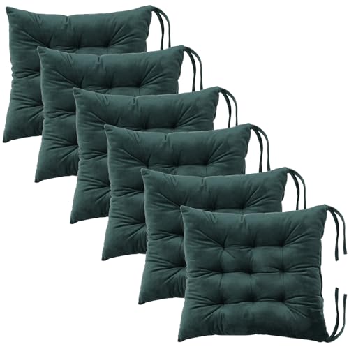 6 Pack Square Seat Cushion Chair Pads for Kitchen Dining Chairs, Soft Comfort Velvet Chair Mat Pillow Cushions with Ties for Office Desk Living Room Tatami 15.5", Dark Green - color: Dark Green, size: 6Pack