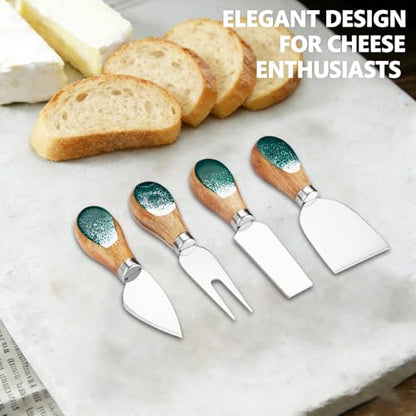 Cheese Knives Set with Wooden and Resin Handle, Mini Steel Stainless Cheese Knife with Wood Set for Charcuterie and Cheese Spread, Perfect for Cheese Slicer and Butter Cutter (Green, 4pcs)