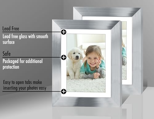 Americanflat 5x7 Picture Frame with Polished Clear Glass - Set of 2 - Use as 4x6 Frame with Mat or Display 5x7 Photo Without Mat - Signature Collection - Photo Frames for Tabletop or Wall - Silver | Engineered Wood construction, wall or tabletop display w