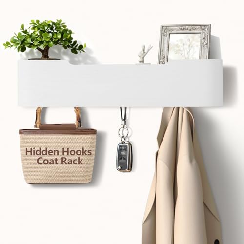 Coat Rack Wall Mount with Shelf 4 Hidden Hooks Modern Wooden Key Holder Entryway Organizer for Hallway Bedroom Bathroom Home Decor Storage for Hanging Coats Hats Bags Towels, White - color: White, size: 4 Hooks