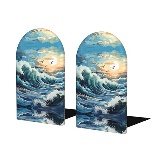 Wave Sailboat Seagull Wooden Bookends - Office Book Storage Rack, Non-Slip, Suitable for Study Room, Classroom and Library