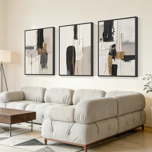 Neutral Abstract Wall Art Set of 3 Framed Canvas Prints, 16x24 Inch Modern Beige Black Abstract Paintings with Gold Accents, Minimalist Wall Decor for Living Room Bedroom Dining Room, Metal Frame Ready to Hang - color: Monochrome Strokes, size: 24"L X 16"