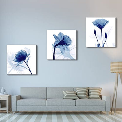Wieco Art Blue Flowers 3 Panels Canvas Print Wall Art Modern Pictures Artwork for Living Room Bedroom and Home Decorations - size: 24x24inchx3pcs (Unframed)