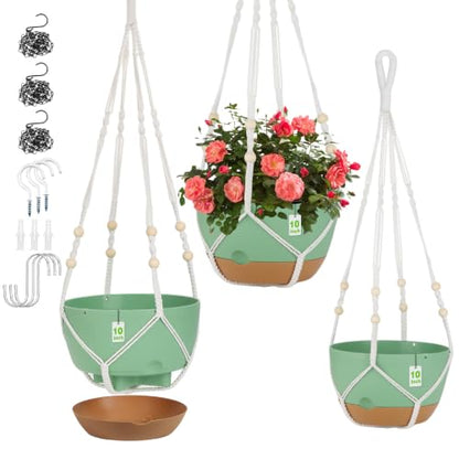 Self Watering Hanging Planter, 3 Pack 10 Inch Macrame Plant Hanger with Flower Pot, Metal Chain, S & Ceiling Hooks, Drainage Holes, Removable Saucer, Hanging Basket for Indoor Outdoor Plants - Green - color: Green