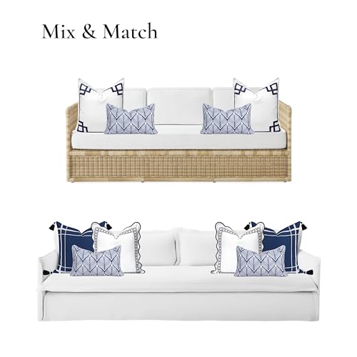 Hofdeco Premium Coastal Patio Indoor Outdoor Lumbar Pillow Cover Only, 12"x20" Water Repellent for Backyard, Couch, Navy Blue Print Geometric Leafs - color: Navy Blue Geometric Leafs 12"x20"