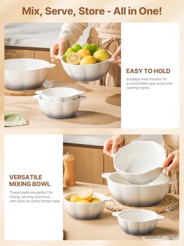 Large Soup Bowls Set of 4, Pumpkin Microwave Mixing Bowls with Handle, Ceramic Serving Bowls for Prepping, Pasta, Salad - Kitchen Cooking and Baking Supplies, Mothers Day Gift - color: White Blue, size: 4 Piece Set