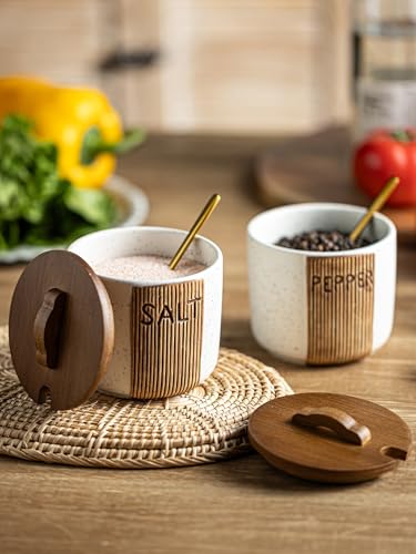 Salt and Pepper Bowls Ceramic, 10 OZ Salt and Pepper Container | Salt and Pepper Cellar wiht Lid & Spoon, Salt Containers for Countertop, Easy Access, Rustic Woodgrain Embossed Design, White - color: White, size: Set of 2