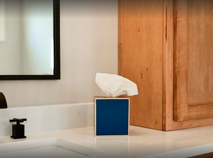 Jaye's Studio Square Tissue Box Cover, Blue Metal Gold Cube for Bathroom | Matte Hand-Painted Finish, Fits Standard Facial Holders, Polished Trim, Open Bottom, Coastal Nursery Use - color: Blue