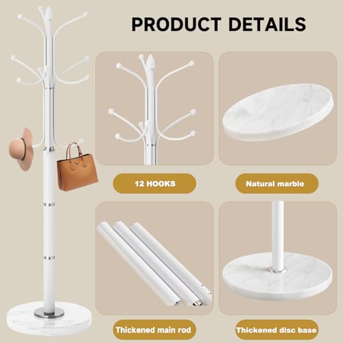 Coat Rack Stand,White Metal Coat Rack Freestanding with 12 Hooks | Modern Coat Rack with Natural Marble Base,Heavy Duty Coat Hanger Stand, Coat Hall Clothes Tree Stand for Office,Bebroom - color: White-12Hooks