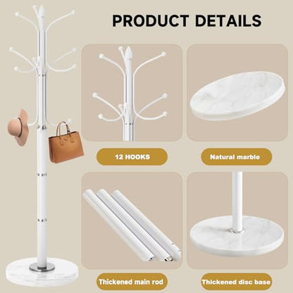 Coat Rack Stand,White Metal Coat Rack Freestanding with 12 Hooks | Modern Coat Rack with Natural Marble Base,Heavy Duty Coat Hanger Stand, Coat Hall Clothes Tree Stand for Office,Bebroom - color: White-12Hooks