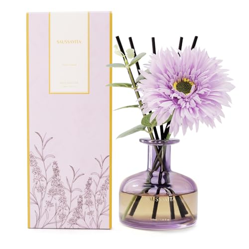 Reed Diffuser Set 7.10 oz Lavender Scented Air Freshener for 120 Days | Decorative Flower, 7 Sticks, Long Lasting Home Fragrance, Bedroom, Shelf, Living Room, Office Decor, Valentine's Day Gifts - color: Lavender (Purple Bottle)