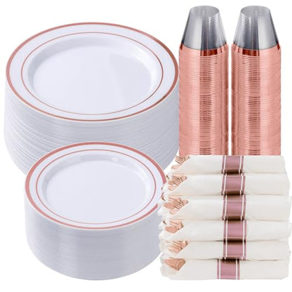 350 Piece Rose Gold Plastic Dinnerware Set for 50 Guests | Disposable Dinnerware Includes: 50 Dinner Plates, 50 Dessert Plates, 50 Pre Rolled Napkins with Silverware, 50 Cups - color: Rose Gold, style: 350 Piece (50 guests)