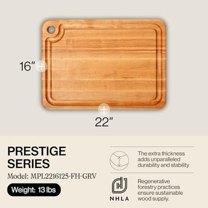 John Boos Prestige Series Rectangular Wooden Maple Cutting Board 22”x16” – 1.25” Thick, 13-lb Reversible Butcher Block with Juice Groove, Edge-Grain & Finger Grip Hole – Made in the USA - size: 22"L x 16"W