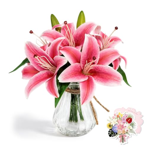 11in Artificial Deep Pink Lily in Glass Vase with Faux Water for Home Decor | Zero-Maintenance Silk Lily Floral Arrangement for Home Living Room Office Desk Decor & Wedding Party,Housewarming Gift - color: Deep Pink Lily With Glass Vase