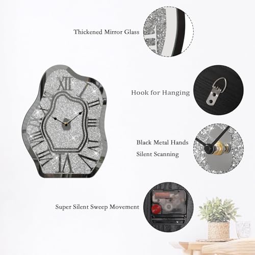 Modern Wall Clock for Living Room Decor Silver Crystal Crush Diamond Mirrored Clocks Irregular Mirror Clock Unique Wall Decorative for Bedroom Kitchen Dining Room - style: Cloud