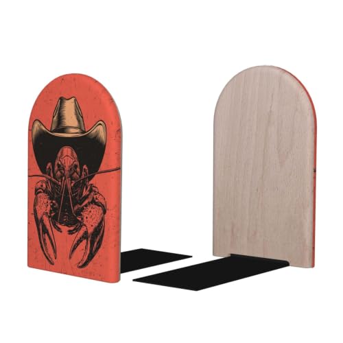 Crawfish Wearing Cowboy Hat Western Rustic Bookends | 2 Pcs Wooden Book Stopper Organizer For Home Office Libraries