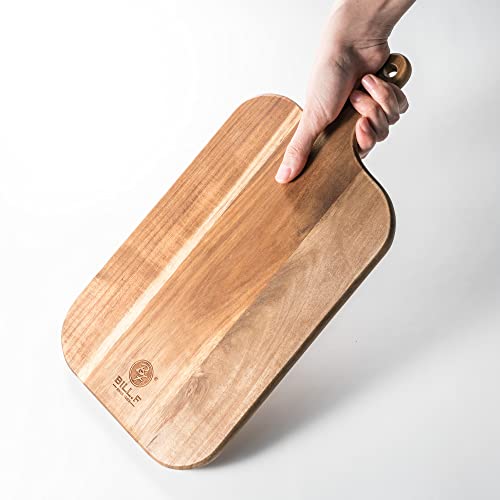 BILL.F Acacia Wood Cutting Board with Handle Wooden Charcuterie Board Paddle Cheese Board Serving Boards for Kitchen Meat, Pizza,Cheese, Bread, Vegetables &Fruits 15'' x 7.5'' x 0.6'' - style: Large