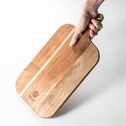 BILL.F Acacia Wood Cutting Board with Handle Wooden Charcuterie Board Paddle Cheese Board Serving Boards for Kitchen Meat, Pizza,Cheese, Bread, Vegetables &Fruits 15'' x 7.5'' x 0.6'' - style: Large
