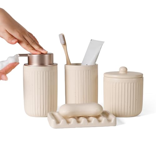 BosilunLife Striped Apricot Ceramic Bathroom Accessories Set of 4 | Bathroom Decor Sets Accessories Bathroom Foam Soap Dispenser and Toothbrush Holder Set, Soap Dish, Apothecary Jars.(Foam) - color: Apricot-foam