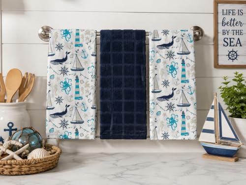 Summer Kitchen Pot Holder Oven Mitt Dish Towel Set: Fun Navy White Aqua Nautical Coastal, 5 pc Set (Coastal) - color: Coastal Set