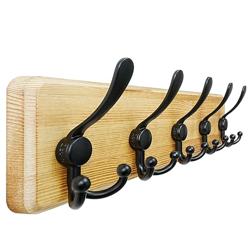 Coat Rack Wall Mount - Heavy-Duty Robust Rustic Wooden Wall Coat Hanger Hook Rail with 5 Triple Hooks for Winter Jacket & Hat Clothing, Light Brown & Black - color: Light Brown & Black, size: L=17.4"
