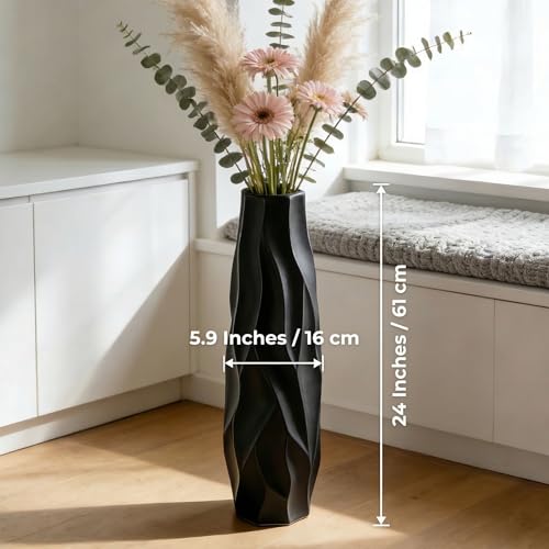 Black Tall Ceramic Floor Vase, 24 Inch, Pleated Wave Design | Matte Finish, Living Room, Fireplace, Entryway, Pampas Grass - size: 24 Inch