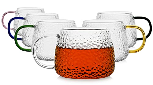 LUXU Hammered Tea Cups,Glass Coffee Mugs,15 oz,Set of 6 | Different Color Handles,Prefect for Cappuccino,Latte,Water,Mocha,Milk,Widely Used for Cafes,Home and Office ﻿ - style: 15 oz Hammered tea cups