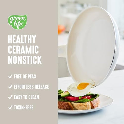 GreenLife 16 Piece Ceramic Nonstick Pots & Pans Cookware Set, Cream | PFAS-Free Nonstick Coating, Stockpot, Frying Pans, Saucepans, Sauté Pan, Stay-Cool Handles, Dishwasher & Oven Safe up to 350F - color: Cream, style: Soft Grip