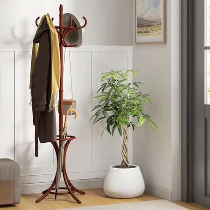 Giantex Solid Wood Coat Rack, Freestanding Hanger Stand w/12 Hooks, Umbrella Holder, Entryway Hall Tree for Coat, Hats, Scarves, Bags, Wooden Garment Rack for Bedroom, Hallway (Reddish Brown) - color: Reddish Brown