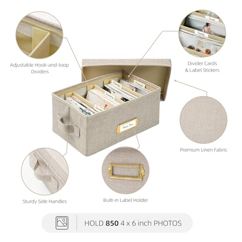 Collapsible Photo Storage Box, Adjustable Dividers - Beige, 28cm | Holds 850 Photos, Hook & Loop Dividers, Handle, Label Stickers - color: Beige, size: 11.22"x6.89"x5.12"