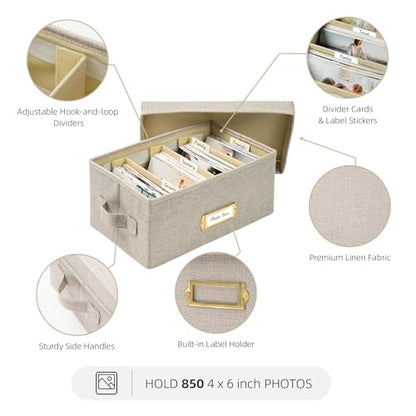 Collapsible Photo Storage Box, Adjustable Dividers - Beige, 28cm | Holds 850 Photos, Hook & Loop Dividers, Handle, Label Stickers - color: Beige, size: 11.22"x6.89"x5.12"